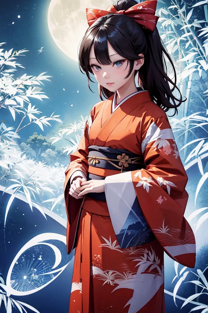 an animated image of an asian girls wearing a kimono and bamboo trees with an astro background, bamboo, 1girl, fujiwara no mokou, solo, long hair, japanese clothes, moon, red pants, blue eyes, full moon, night, bangs, sash, kimono, bamboo forest, wide sleeves, white kimono, long sleeves, sky, white hair, looking at viewer, outdoors, bow, obi, hair bow