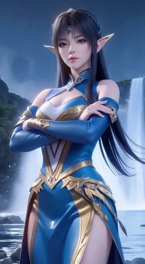 woman in blue and gold costume posing by waterfall, alylia from league of legends, extremely detailed artistic germ, alylia, por...