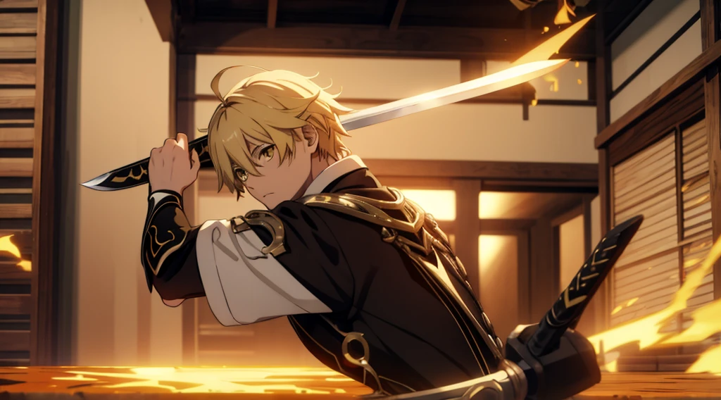 csm anime style,  aether
1boy
male focus
blonde hair
yellow eyes
ahoge
hair between eyes,  
 fight,
braid,  holding sword, angry