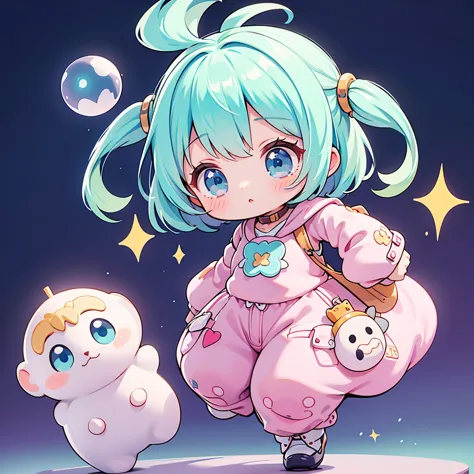 best quality, incredibly absurdres, extremely detailed, 2.5d, delicate and dynamic, chibi, cute girl, wearing baggy clothes, spa...