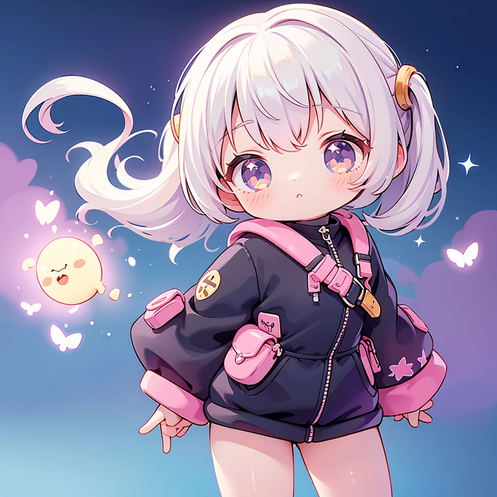 best quality, incredibly absurdres, extremely detailed, 2.5D, delicate and dynamic, chibi, cute girl, wearing baggy clothes, sparkly and vivid color effects, background another dimension