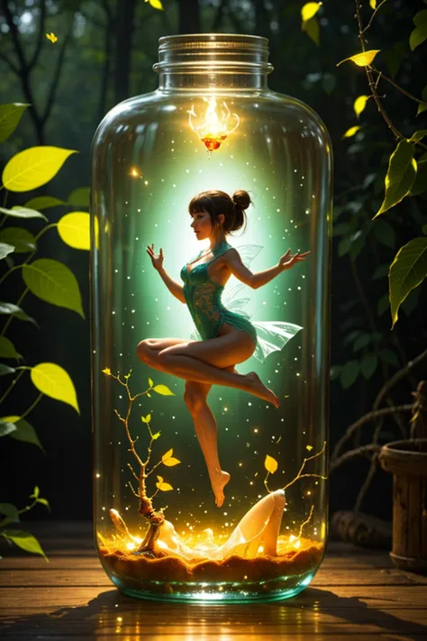 a glass bottle, there is a fairy inside the bottle,sexy fairy,taunt you, inside the water, water bubble, full of fireflies bottl...