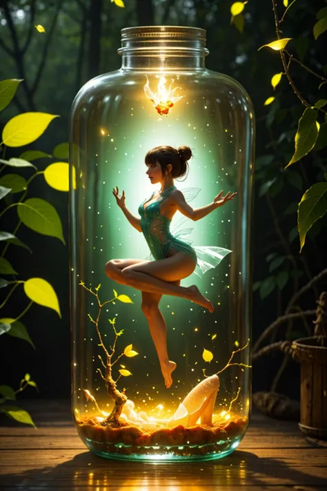 a glass bottle, there is a fairy inside the bottle,sexy fairy,taunt you, inside the water, water bubble, full of fireflies bottl...