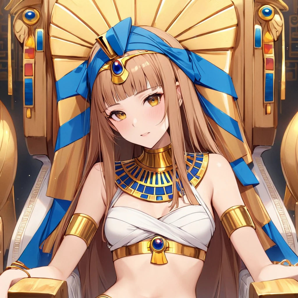 ((Highest quality)), ((masterpiece)), (detailed), （Perfect Face）、((The woman is wearing the golden mask of Tutankhamun))、The woman with the face of Tutankhamun in ancient Egypt is Asuna Yuuki with bright brown hair, semi-long hair, and a magnificent Tutankhamun face wearing a Tutankhamun hat. Her face is completely Tutankhamun and she is wearing clothes like Cleopatra.、The woman is dressed as Tutankhamun of ancient Egypt.、A woman sits on an ancient Egyptian throne and reigns with the golden face of Tutankhamun