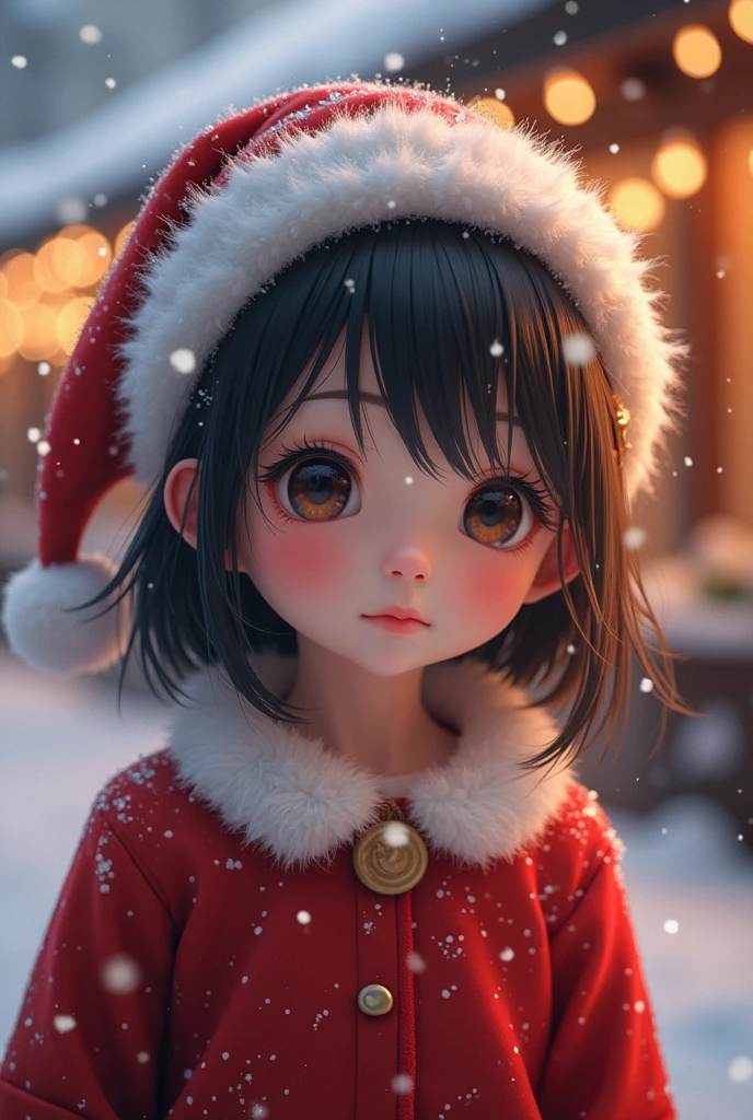 A japanese girl in santa claus costume, smile,beautiful detailed eyes, droppy eyes,beautiful detailed lips, extremely detailed face and hair, long eyelashes, intricate detailed fabric textures, santa hat, christmas lights, snowy winter background, (best quality,4k,8k,highres,masterpiece:1.2),ultra-detailed,(realistic,photorealistic,photo-realistic:1.37),vibrant colors,cinematic lighting,soft bokeh