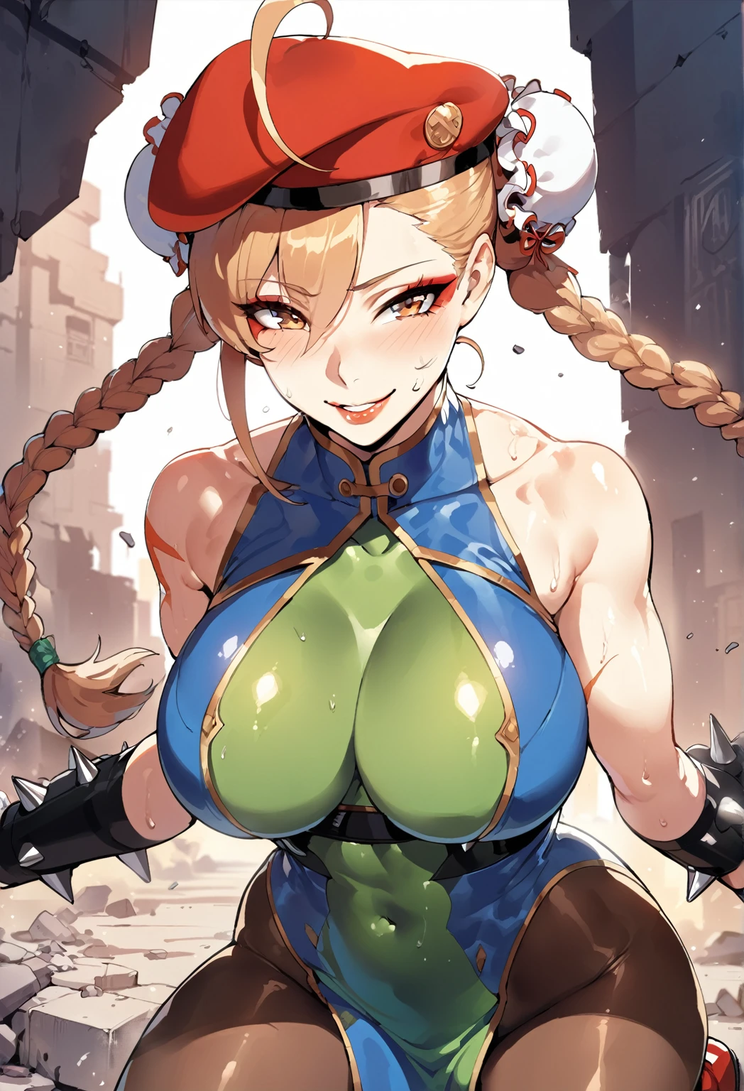 masterpiece,best quality,extreme detail,8k,cammyfn, 1girl, solo, Cammy, long hair, breasts, blue eyes,brown blonde hair, large breasts, gloves, red hat, braid, ahoge, twin braids, leotard, lips, makeup, beret, scar, antenna hair, nose, harness, huge ahoge, green leotard,sleeveless, sweaty,sweat, exhausted,sleeveless,cross eye, full body , 1girl, (solo:1.2), (jumping:1.3), (mid air:1.3), (cowboy shot:1.5), smile, happy, (masterpiece:1.3), (best quality:1.3), (perfect anatomy:1.4), highly detailed, chun li, brown eyes, short hair, double bun, bun cover, blue dress, pelvic curtain, spiked bracelet, sash, brown pantyhose, (post fight scenery:1.3), rubble, outside, daylight, nyantcha, expressive faces, anime-inspired, (cell shading:1.2), lips, merging, two heads
