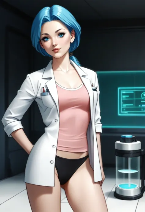 a beautiful anime girl with blue hair in a low ponytail, wearing a lab coat, pink shirt, mini skirt and panties, in a futuristic...