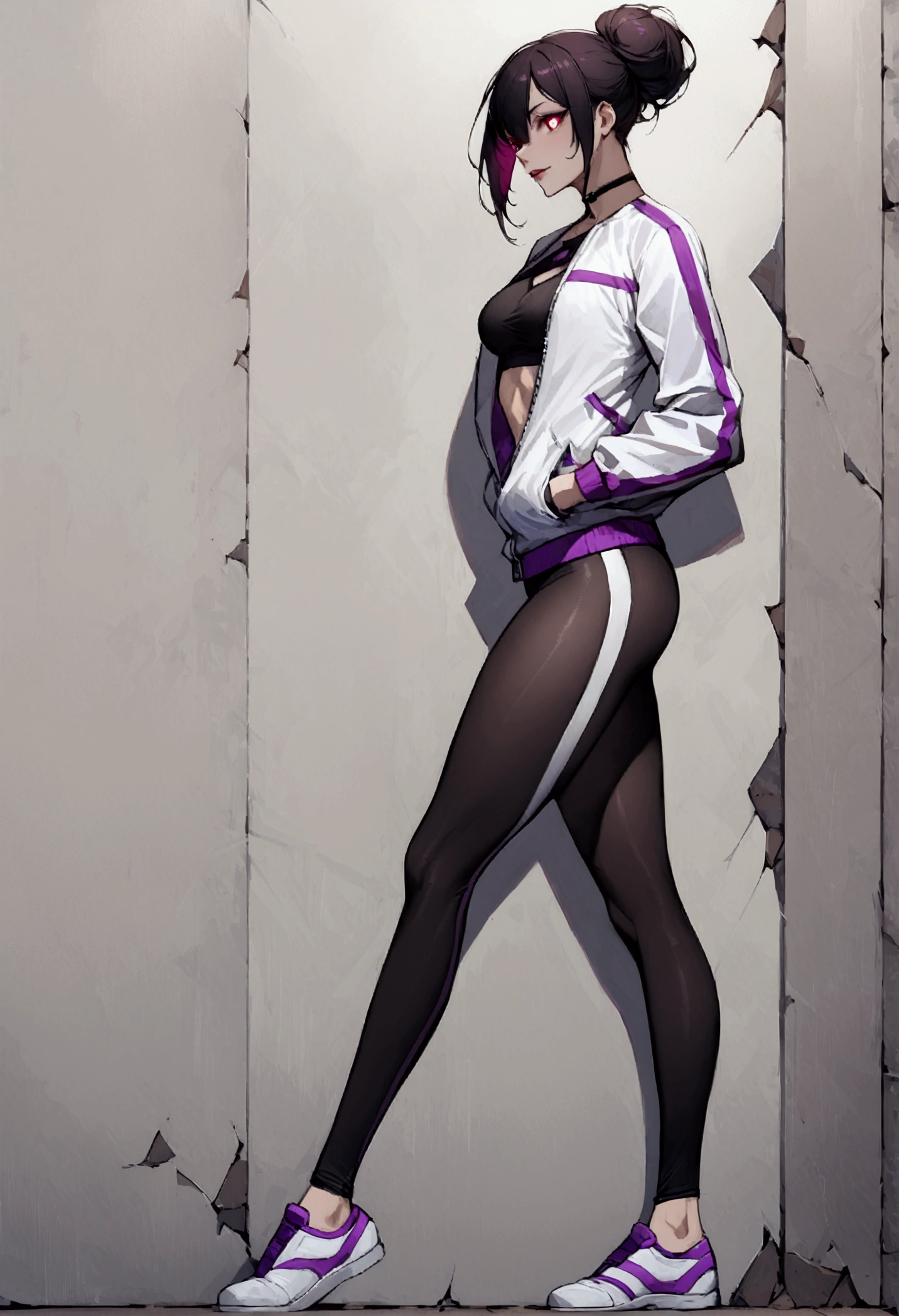 standing,alone,leaning against a broken wall,short hair,work of art,face detailed,beautiful young fitness woman with , in a gym wearing May with black pantyhose, white and purple tight short gym jacket. standing alone,red eyes glowing,Evil smile,legging preto ,labiaa,dark eye shadow,shining eyes,a hand leaning against the wall,neckleace,jacket zipper half open,Tight black shirt,white sports tennis shoes,short hair with purple details,beautiful curves,whole body,hair with purple details,labiaa,detailed face and eyes,work of art,sexy look,pefil from sideways,from sideways,wind in your hair,fully body,glasses on eyes
