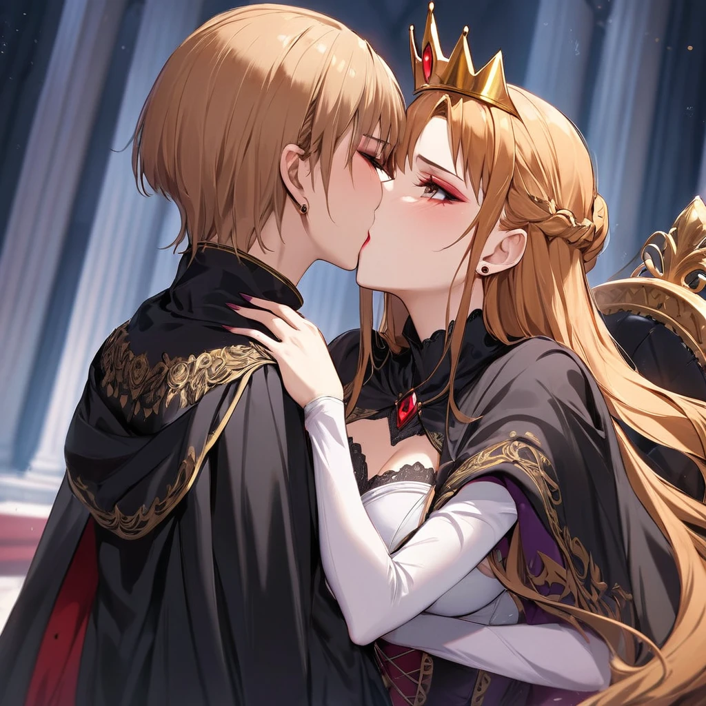 ((Highest quality)), ((masterpiece)), (detailed), （Perfect Face）、The woman is embracing the Prince of Light, sharing a vowing kiss, and getting married.、The woman is the evil queen Grimhild, Yuki Asuna, with bright brown hair in a semi-long style, wearing lipstick, thick eyeshadow, and heavy makeup.、The woman is dressed as an evil queen, wearing a black Victorian dress with luxurious gold embroidery and trim, a black cowl fitted over her face, luxurious earrings, adorned with lavish accessories, and a magnificent golden crown. She is a beautiful and evil queen, standing and reigning in front of a magnificent throne. She possesses majesty, elegance, and grace, with a stunning figure and a captivatingly alluring beauty, making her an absolutely stunning woman.