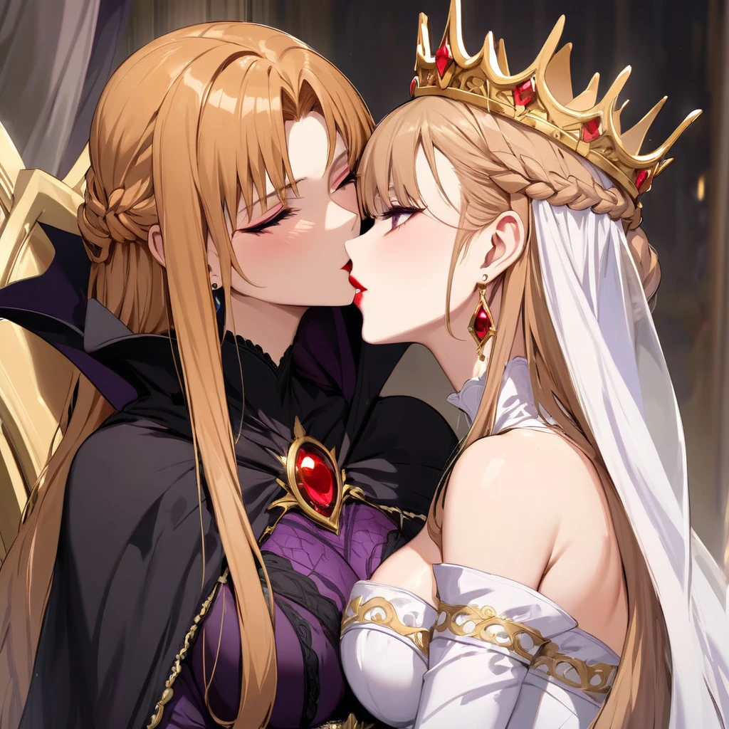 ((Highest quality)), ((masterpiece)), (detailed), （Perfect Face）、The woman is embracing the Prince of Light, sharing a vowing kiss, and getting married.、The woman is the evil queen Grimhild, Yuki Asuna, with bright brown hair in a semi-long style, wearing lipstick, thick eyeshadow, and heavy makeup.、The woman is dressed as an evil queen, wearing a black Victorian dress with luxurious gold embroidery and trim, a black cowl fitted over her face, luxurious earrings, adorned with lavish accessories, and a magnificent golden crown. She is a beautiful and evil queen, standing and reigning in front of a magnificent throne. She possesses majesty, elegance, and grace, with a stunning figure and a captivatingly alluring beauty, making her an absolutely stunning woman.