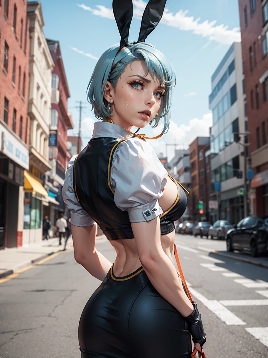 Beautiful woman is shown to have a athletic figure, she is wearing a beautiful nsfw dress, (aafranziska, light blue hair:1.5), ascot, (crop top), puffy sleeves, pencil skirt, pantyhose, black gloves, jewelry, earrings, (black bunny ears, black leash:1.4), black lips, (tears:1.4), girl standing in street, (looking down:1.4), sexy session, (arms behind back:1.7), exposed cleavage, (abs), cowboy shot, superior quality, many details, realistic