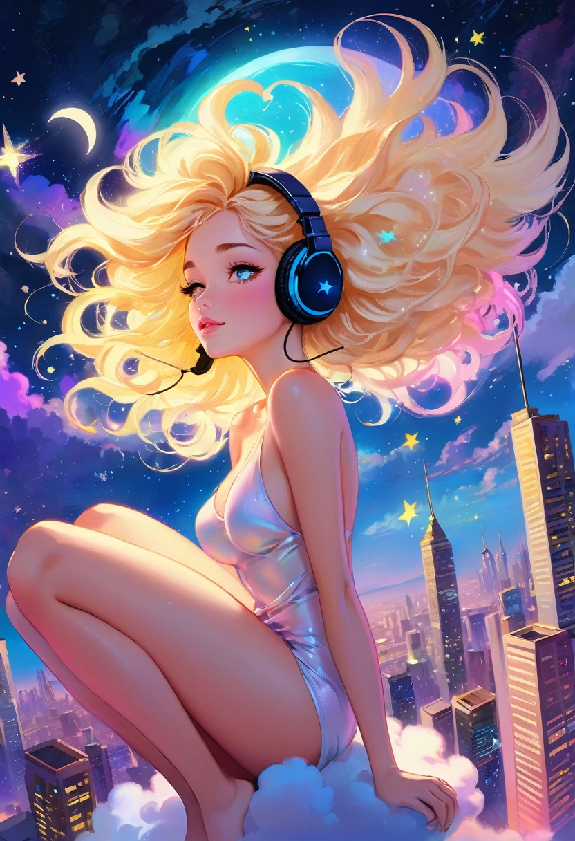 A beautiful fantasy style painting of a beautiful nude blonde woman with big messy hair, floating on a cloud gracefully laying on the cloud, wearing headphones, with moon light, twinkling stars and stardust, vibrant and colorful, full body shot, looking down at a small city at night, cityscape, colorful stardust, fantasy art style, rossdraws cartoon vibrant, cute detailed digital art, colorfull digital fantasy art, digital fantasy art ), glossy digital painting, rossdraws pastel vibrant, rossdraws 2. 5, rossdraws 1. 0