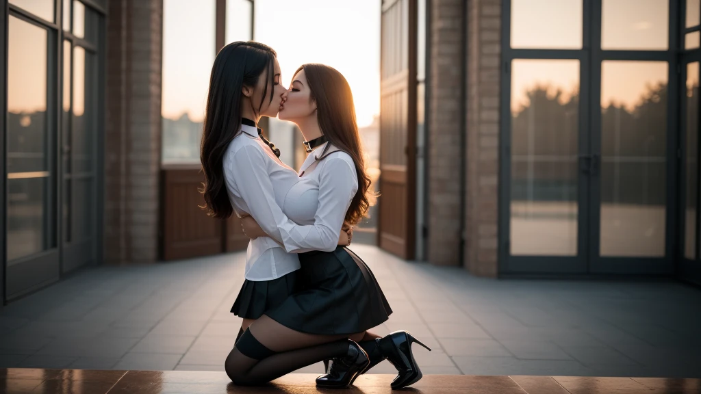 three girls, masterpiece,best qualtiy,hdr, hyper HD, 8K,Bokeh,Ultra-fine painting,Sharp focus,Physically-based rendering,Extreme detail description,portraitures,full-body photo，back turned at viewer, (long bob_cut hair), Sexy smile, choker, (latex school girl uniform with micro skirt and open shirt:1.2), crouching, boots with stiletto heels, (in sunset light:1.2), (kissing:1.3), perfect eyes, perfect hands, perfect body, perfect hair, (Big breasts:1.4), (EOS R8, 50 millimeters, F1.2, 8K, RAW photo:1.2), photograph by arny freytag