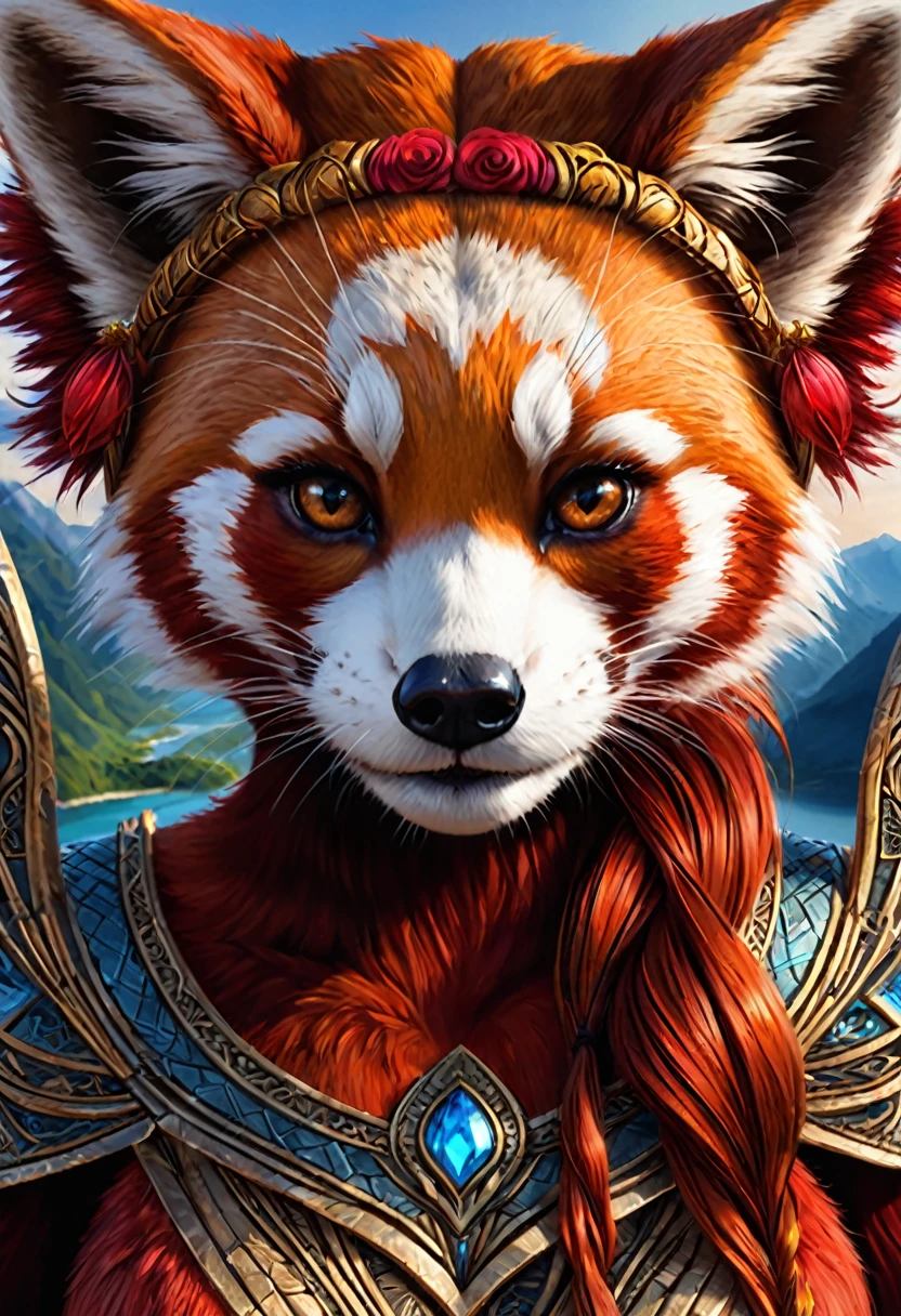 Anthropomorphic feminine red panda otter enchantress. Official Art – An Award-Winning Digital Masterpiece In 4K Ultra HD, Extreme Detail And Intricate Realism. Symmetrical Face. This Concept Art Brought To Life By The Hands Of Artists Like Wlop & Artgerm In A Stunning 2D Vector Illustration. Background Is A Panoramic Vista.
