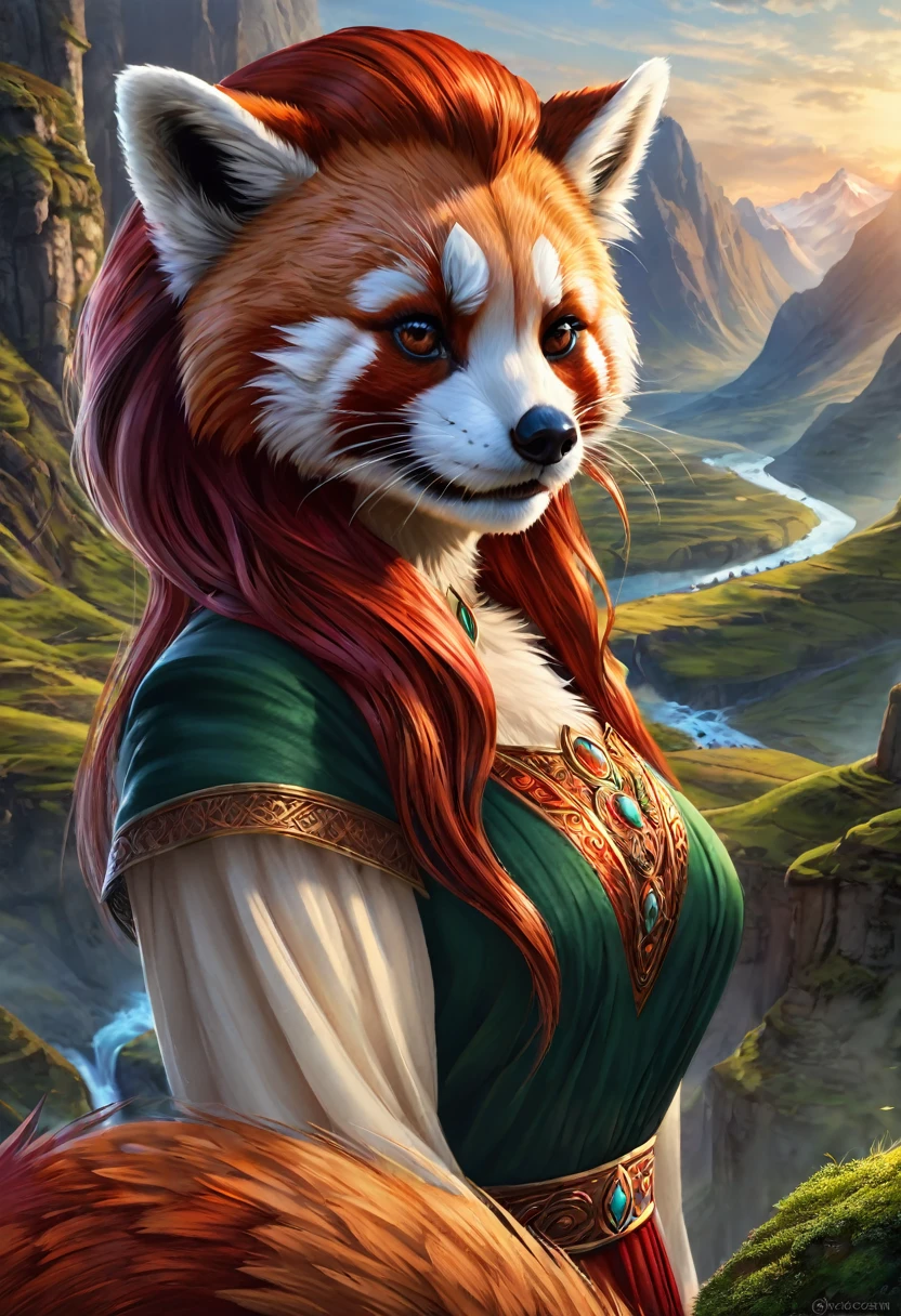 Anthropomorphic feminine red panda otter enchantress. Official Art – An Award-Winning Digital Masterpiece In 4K Ultra HD, Extreme Detail And Intricate Realism. Symmetrical Face. This Concept Art Brought To Life By The Hands Of Artists Like Wlop & Artgerm In A Stunning 2D Vector Illustration. Background Is A Panoramic Vista.
