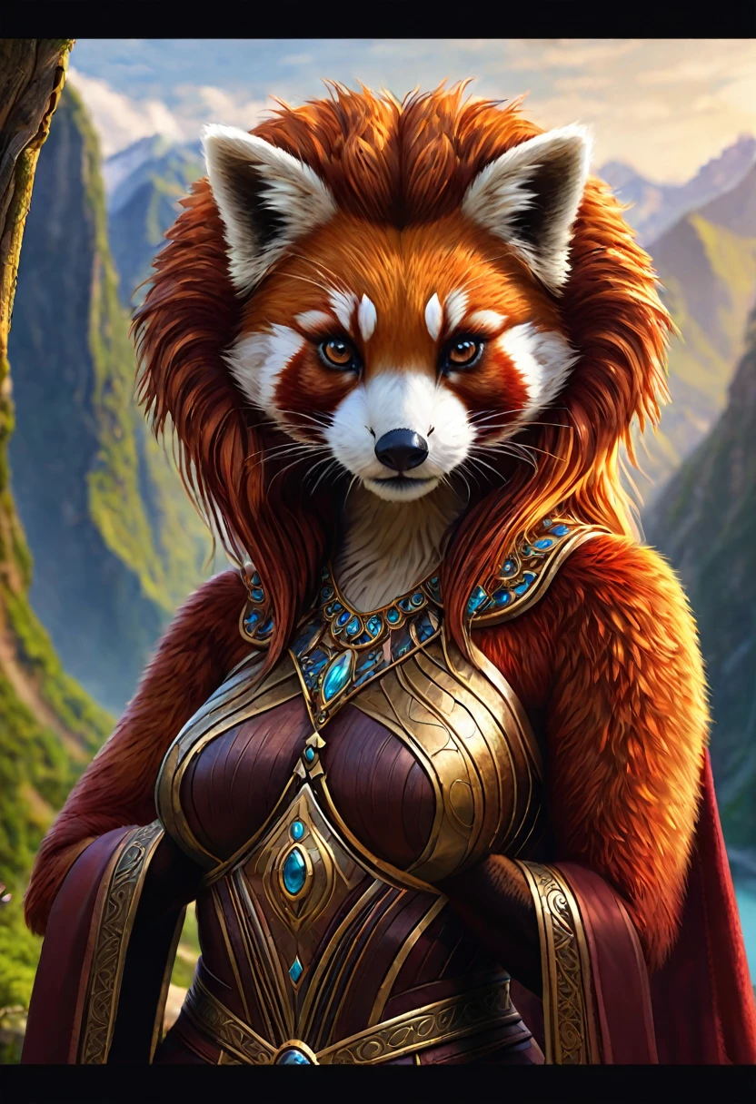 Anthropomorphic feminine red panda otter enchantress. Official Art – An Award-Winning Digital Masterpiece In 4K Ultra HD, Extreme Detail And Intricate Realism. Symmetrical Face. This Concept Art Brought To Life By The Hands Of Artists Like Wlop & Artgerm In A Stunning 2D Vector Illustration. Background Is A Panoramic Vista.
