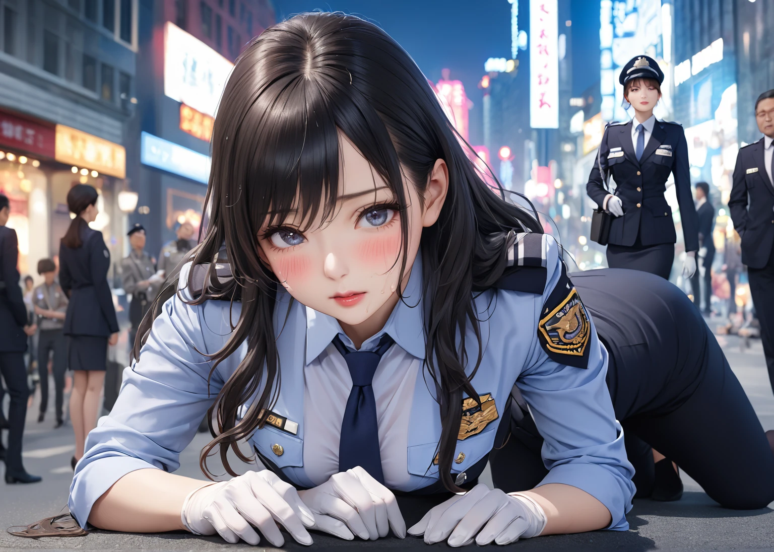 Highest quality、masterpiece、8k、Realistic、超High resolution、Very delicate and beautiful、High resolution、Cinema Lighting、medium range shooting、Perfect female body、Beautiful woman、Mature Woman、Beautiful Eyes、Cityscape、(Long Hair:1.8、Black Hair)、((female officer:1.4、紺色のfemale officer、female officerの制帽、Uniform Buttons、Navy blue tie、Jacket、White gloves))、Pencil Skirt、Stiletto heel pumps、badge、Epaulettes、((Are thin、Small breasts))、((Unbutton and flip up your shirt:1.4、Showing off your bra)),　blush、Embarrassing、Sweat、Sigh、((Prone:1.5))、Park during the day、Panties、