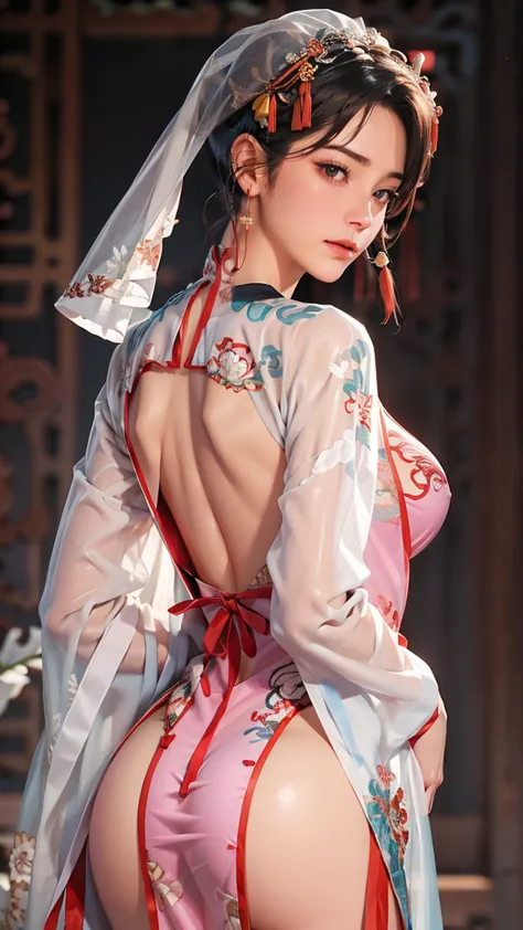 a male, big butt, bigbreast , wearing a veil, filler-lips , short black male style hair, wear a sexy chinese clothes, see throug...