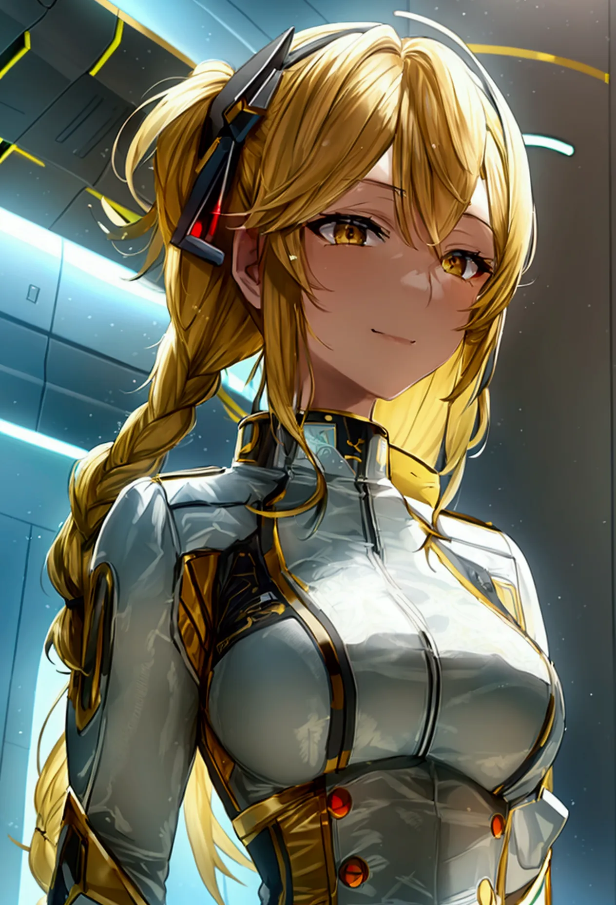 a beautiful detailed portrait of kudelia aina bernstein from gundam ibo, yellow blonde hair in single thigh-length braid, 1/4 wa...