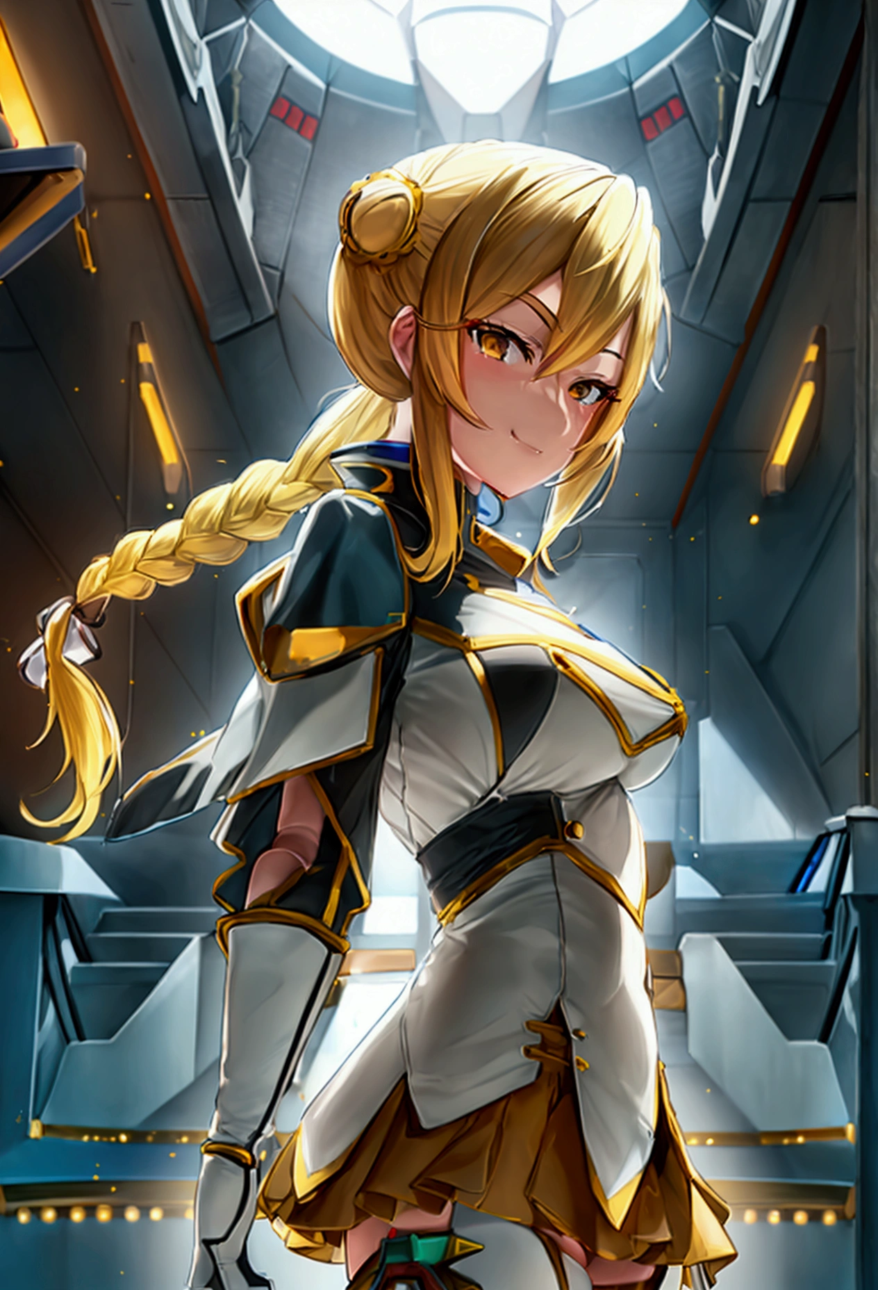 a beautiful detailed portrait of Kudelia Aina Bernstein from Gundam IBO, yellow blonde hair in single thigh-length braid, 1/4 walking right pose, viewing from slightly below, smirking facial expression, dress lifted revealing tight white thigh high boots and a glimpse of red thong underneath, round hips, highly detailed, intricate details, cinematic lighting, spaceship hangar Bay interior