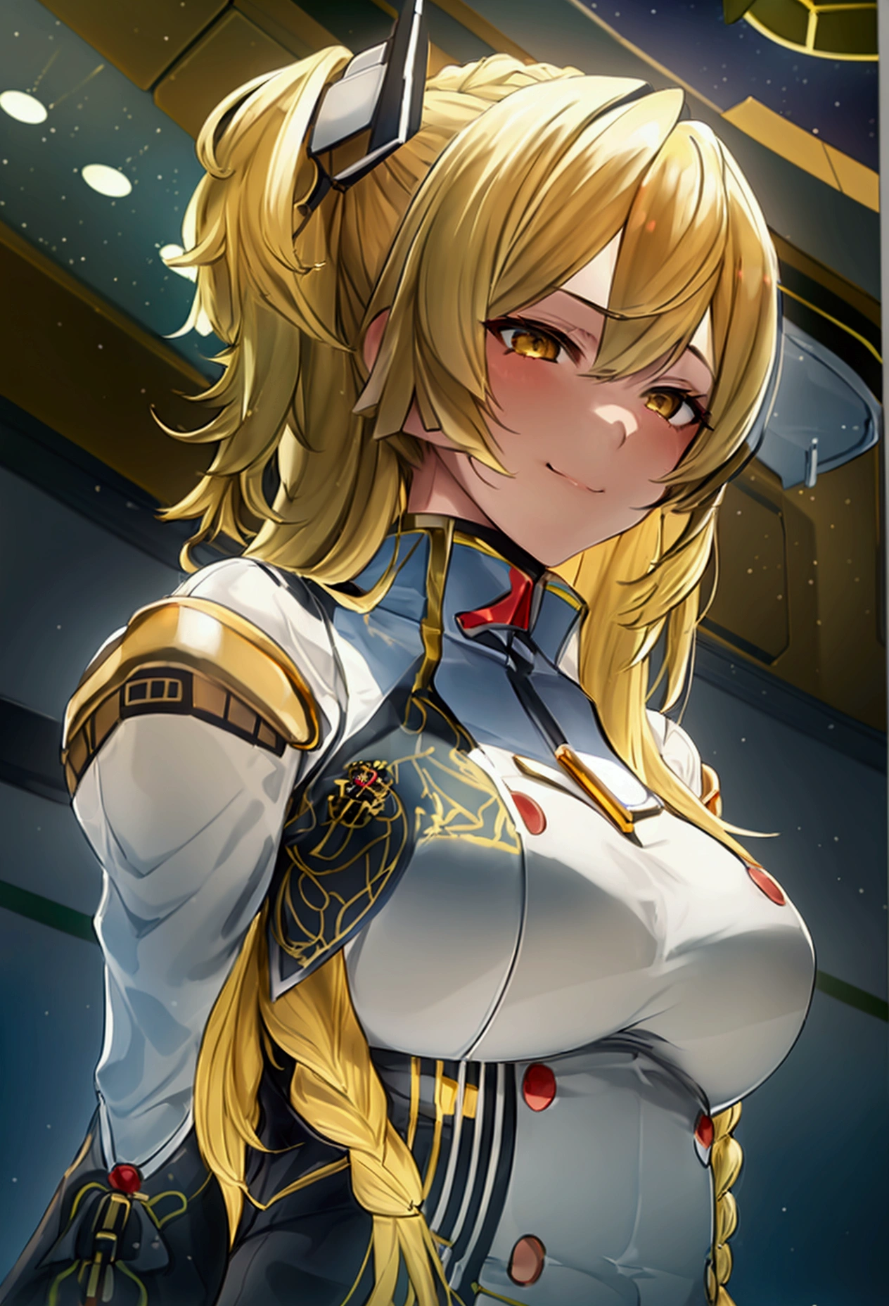 a beautiful detailed portrait of Kudelia Aina Bernstein from Gundam IBO, yellow blonde hair in single thigh-length braid, 1/4 walking right pose, viewing from slightly below, smirking facial expression, dress lifted revealing tight white thigh high boots and a glimpse of red thong underneath, round hips, highly detailed, intricate details, cinematic lighting, spaceship hangar Bay interior