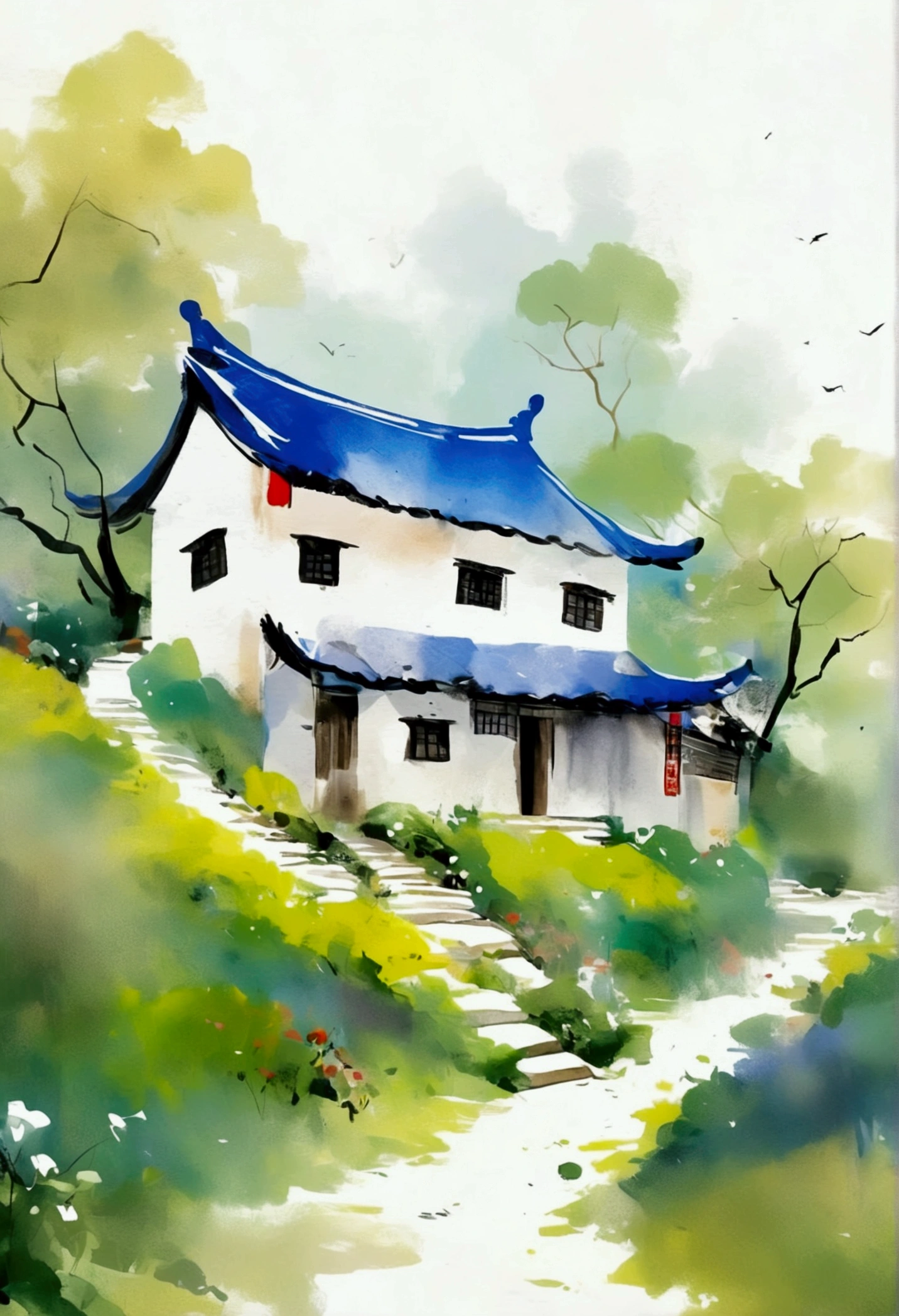 Sky占比2/3.Chinese Ink Painting Sketch：Peaceful and Freehand，artistic conception:2.Dot，A thatched cottage on a winding path，Minimalism，White background。(((Negative Space:2,Large area of blank:2, Bottom left corner composition)))。niji6 style