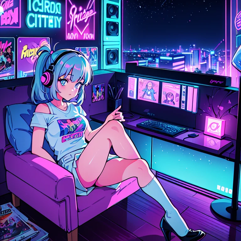 (masterpiece), Highest quality, Expressive eyes, Neon pastel aesthetics, Retro 90s, Neon color,((Girl sitting on sofa,In a cozy room,Records hanging on her wall, Comic books on the floor, Looking out the back window at the night city, Upholstered room, Anime figures lined up on a shelf)), Wear headphones, (All around her it sparkles), (Wear high socks and heels), (blue eyes), (Soft impression), (Synthwave Art Style), Colorful Hair, Desk with PC