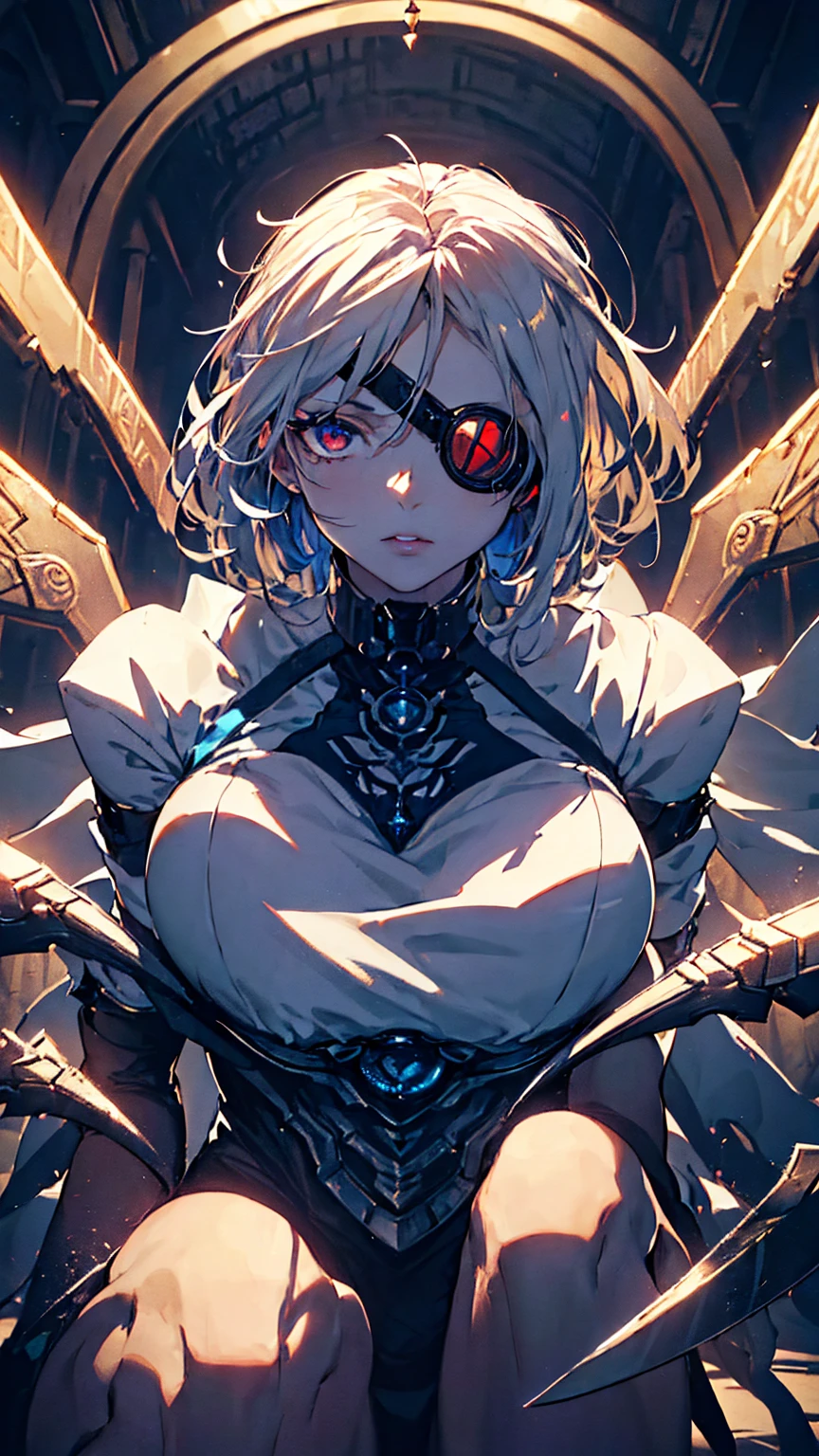 1girl, (detailed eyes, eye patch), (detailed lips), (intense expression), (exquisite face), (mechanical, futuristic armor), (summoning a giant sword), (in a dark temple), (majestic atmosphere), (masterpiece:1.2), (ultra-detailed), (realistic:1.37), (studio lighting), (vivid colors), (sharp focus), (mechanical aesthetic), (sci-fi), (dark tones), (mysterious lighting), (high contrast), (dramatic shadows), (metallic textures), (elegant pose), (intricate detailing), (mesmerizing composition), (dynamic perspective), (powerful stance), (futuristic design), (impressive craftsmanship), (baroque elements), (solemn ambiance), (grandiose setting), (mystical ambiance), (imposing atmosphere), (ethereal aura), (captivating presence)，(golden accents)