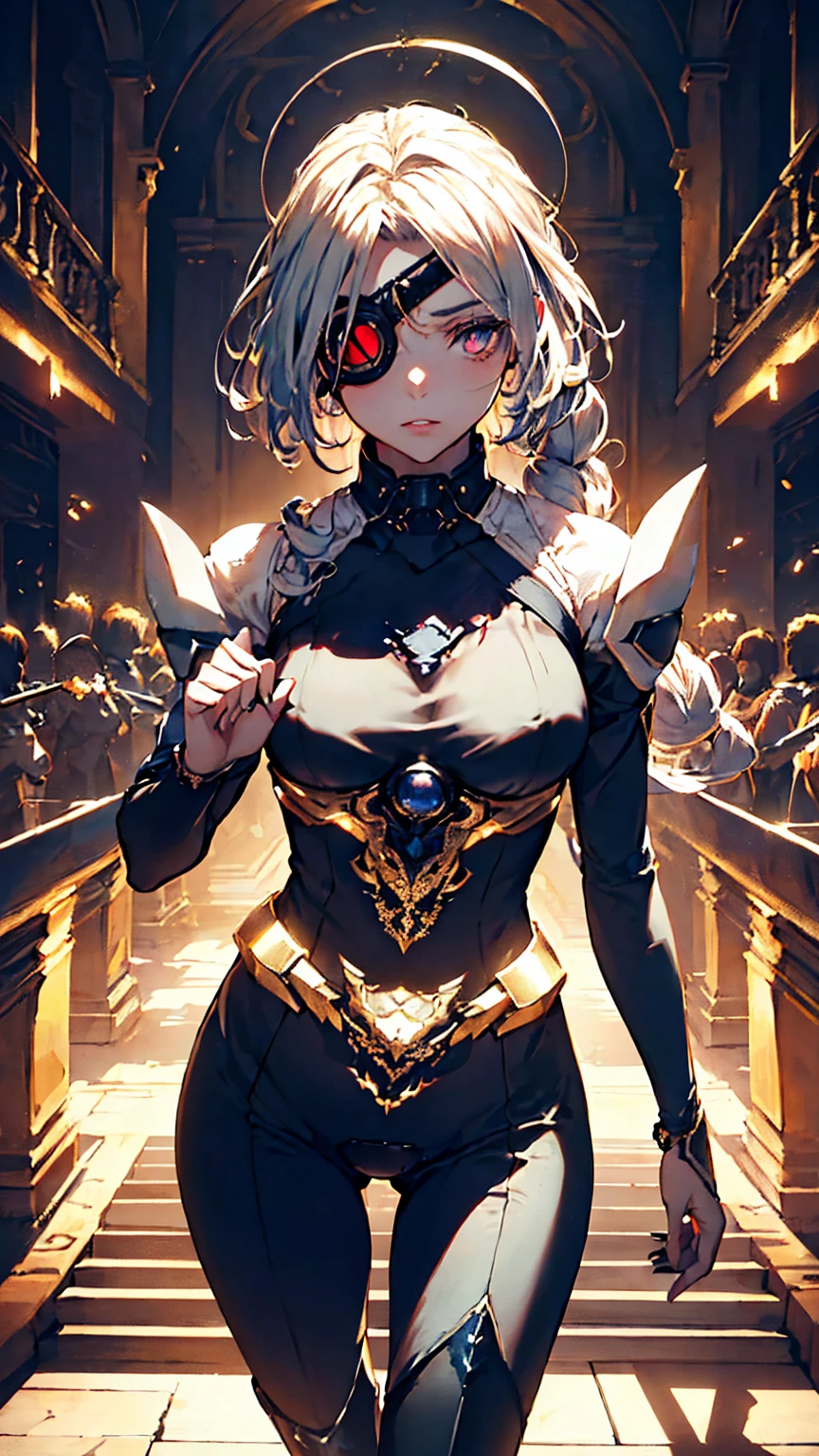 1girl, (detailed eyes, eye patch), (detailed lips), (intense expression), (exquisite face), (mechanical, futuristic armor), (summoning a giant sword), (in a dark temple), (majestic atmosphere), (masterpiece:1.2), (ultra-detailed), (realistic:1.37), (studio lighting), (vivid colors), (sharp focus), (mechanical aesthetic), (sci-fi), (dark tones), (mysterious lighting), (high contrast), (dramatic shadows), (metallic textures), (elegant pose), (intricate detailing), (mesmerizing composition), (dynamic perspective), (powerful stance), (futuristic design), (impressive craftsmanship), (baroque elements), (solemn ambiance), (grandiose setting), (mystical ambiance), (imposing atmosphere), (ethereal aura), (captivating presence)，(golden accents)