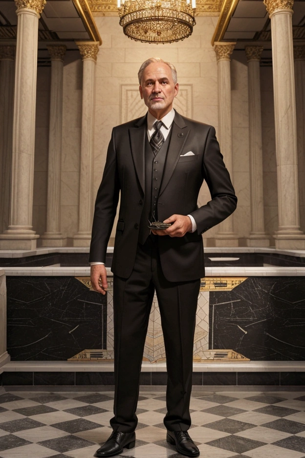 a realistic mid-aged man, wearing black suit and Masonic apron, inside a freemason temple, standing on a Mosaic Pavement