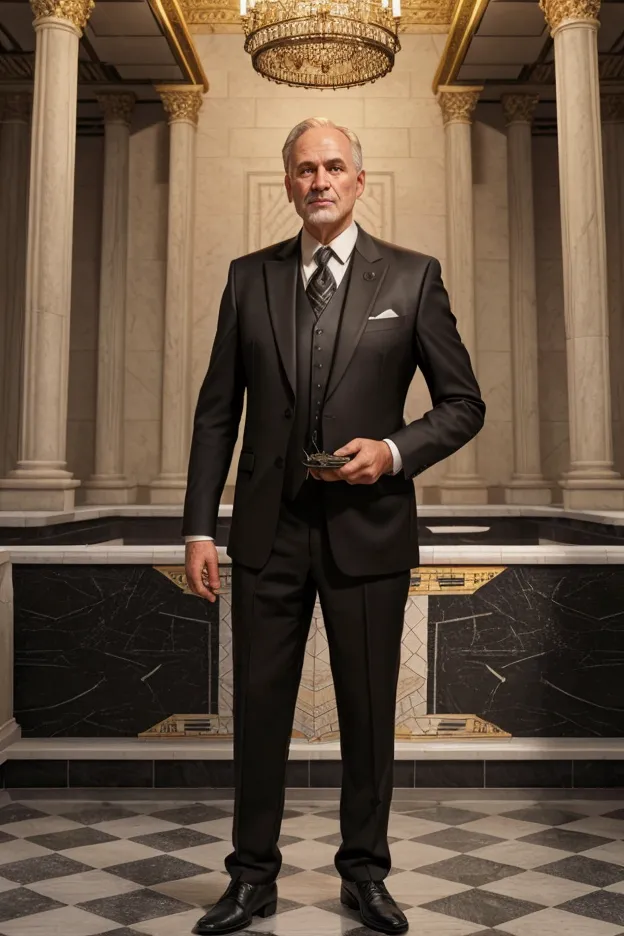 a realistic mid-aged man, wearing black suit and masonic apron, inside a freemason temple, standing on a mosaic pavement