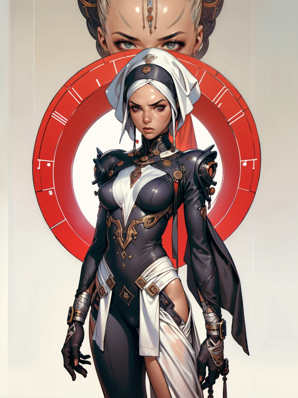 (((Annie Lennox))), ((( nun suit ))), (((Bandaged body))), ((high collar)), (((black with red details))), (((best qualityer: 1.4))), (Unbeatable masterpiece), (hiper HD),(CG 8k hyper-realistic), (((brave face))), (((breasts big))), (((hyper feminine))), sexly girl, Tron,（black bob hair)), ((( sculptural body ))), (((1 Kizi))), Kizi cibernética de 25 anos com perfectbody,,Beautiful and well-groomed face,muscular body:1.2,solid color detailed jacket, (Head to thigh photos)， Complex equipment, green dark，Long pants，Tight clothes are dark，With white stars and off-white stripes,,,,,Armor Metal Electronic Parts, Poison tattoos ) INFO, Kizi, (((standing alone))), pirralha violent, (((14歳))), sexly, pose de atitude, work of art, post-apocalypse, (((manga style))), bounty hunter, violent, Manic, the way you want, slenderbody, thin but strong, perfectbody, roupa moderna, advanced technology, neon, sleeves with vertical striped pattern, neutral background, (( cowboy shot )). intricate visual