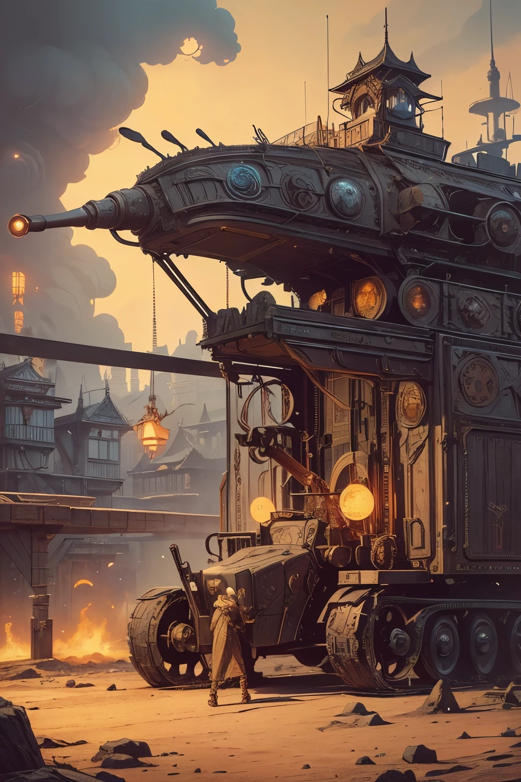 (Ultra-detailed face, looking away, Fantasy Illustration with Gothic, Ukiyo-e, Comic Art, Rich colors), 
BREAK 
(This is a steampunk-like world where magic and machines are fused together. Heavily armored lead cars with caterpillars on both sides are fighting side by side. On top of the bogie is a 120mm glide gun and two remote-controlled heavy machine guns.)