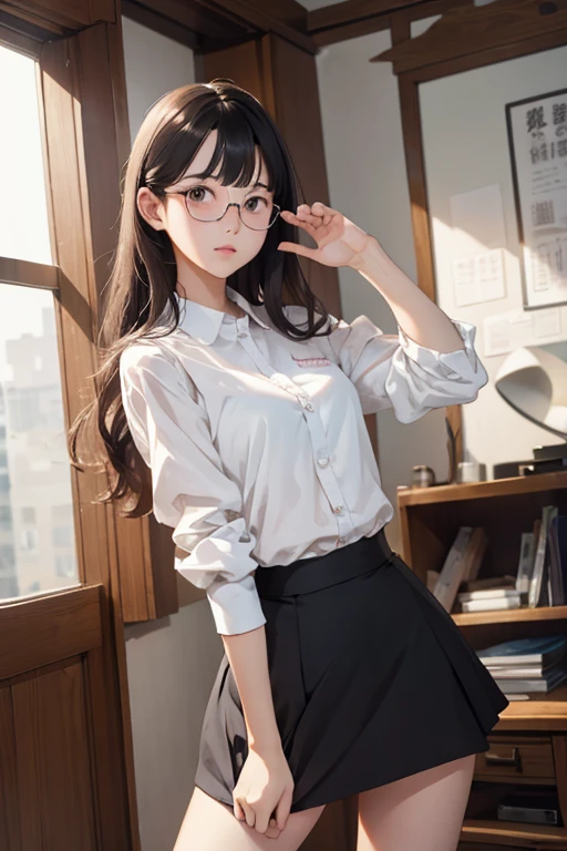 Highest quality、masterpiece、High sensitivity、High resolution、Detailed Description、Slender women、Glasses、The skirt seems to turn up、Protect with your hand、