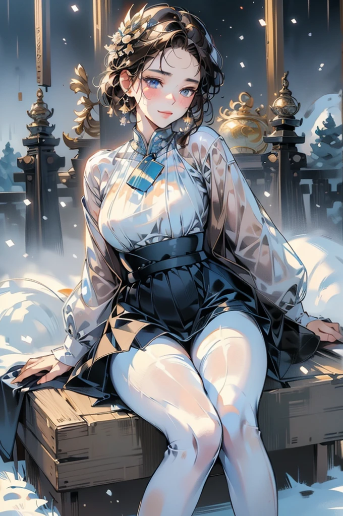 masterpiece, Highest quality, In-person audience,(((snowが降る冬の夜の駅))), Very tight denim pants,Rib knit , put your hand between your breasts, Are standing , longing, blush, カウボーイショット short hair, hair ornaments, , snow、Shiny brown hair, short hair, Beautiful brown eyes、smile、Sparkling eyes, (fine grain)、Very fine eye、Highly detailed face, Highly detailed eyes,
