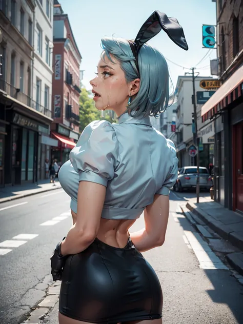 beautiful woman is shown to have a athletic figure, she is wearing a beautiful nsfw dress, (aafranziska, light blue hair:1.5), a...