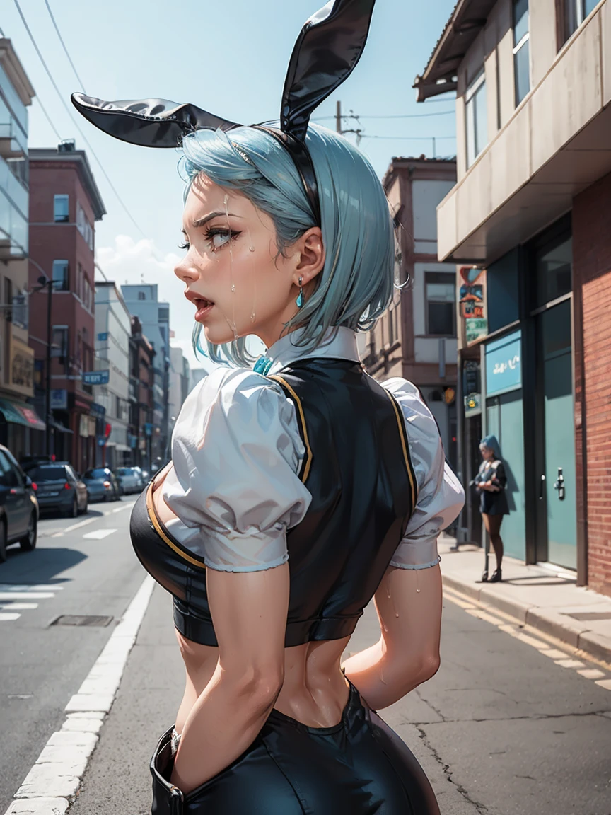 Beautiful woman is shown to have a athletic figure, she is wearing a beautiful nsfw dress, (aafranziska, light blue hair:1.5), ascot, (crop top), puffy sleeves, pencil skirt, pantyhose, black gloves, jewelry, earrings, (black bunny ears:1.4), black lips, (tears, crying:1.4), girl standing in street, (looking down:1.4), sexy session, (arms behind back:1.7), exposed cleavage, (abs), cowboy shot, superior quality, many details, realistic