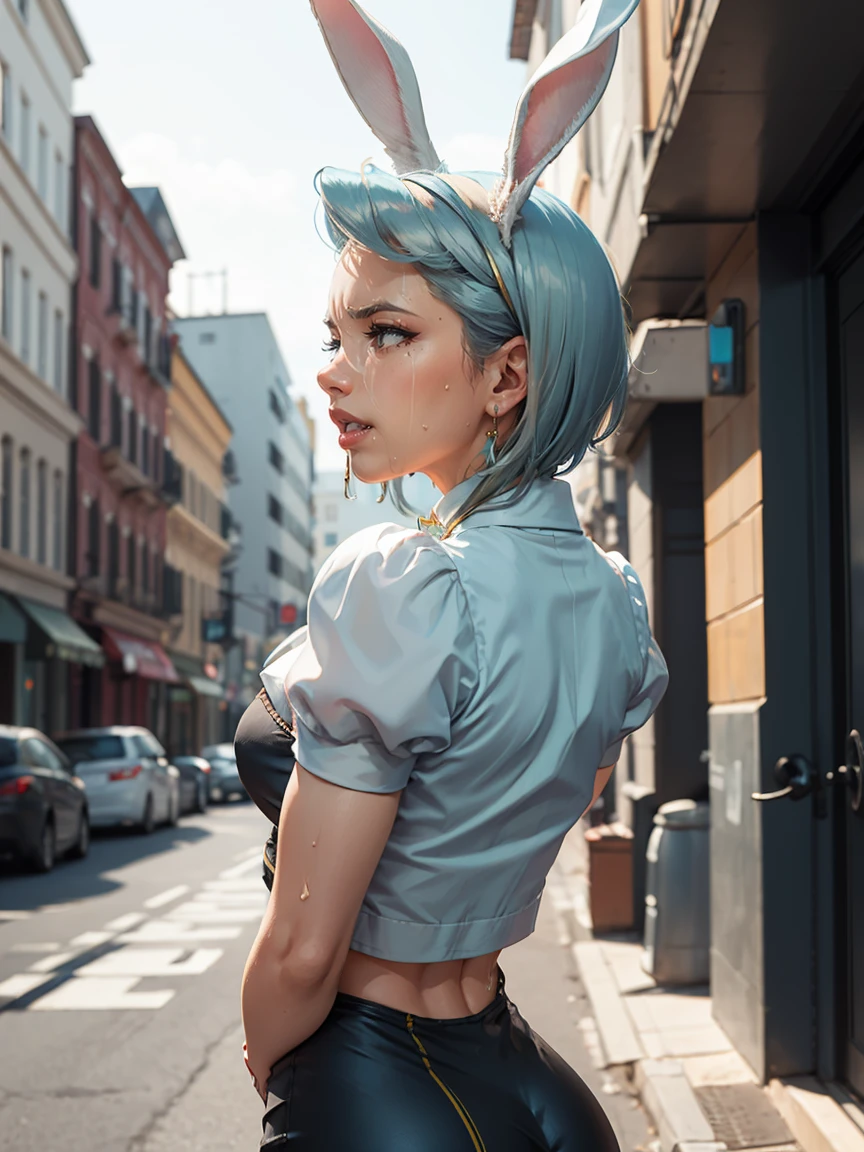 Beautiful woman is shown to have a athletic figure, she is wearing a beautiful nsfw dress, (aafranziska, light blue hair:1.5), ascot, (crop top), puffy sleeves, pencil skirt, pantyhose, black gloves, jewelry, earrings, (black bunny ears:1.4), black lips, (tears, crying:1.4), girl standing in street, (looking down:1.4), sexy session, (arms behind back:1.7), exposed cleavage, (abs), cowboy shot, superior quality, many details, realistic