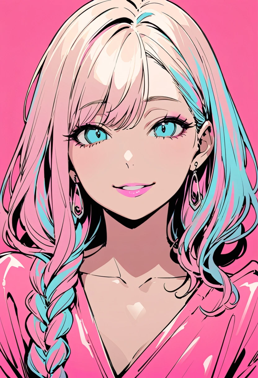 (Highest quality:1.2, City Pop Style, Very detailed, up to date, Vibrant, High Contrast, masterpiece:1.2,), Gal, Neon Color Hair, Braid, Droopy eyes, Brown skin, A gentle and attractive beautiful woman, Half-body photo, Attractive oval face, double eyelid, Pink Lips, Small Nose, pastel colour, smile, 1980s style, ((Retro, Vintage, Plain background))　