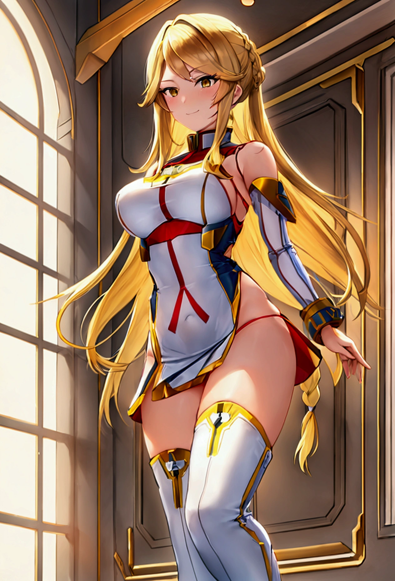 a beautiful detailed portrait of Kudelia Aina Bernstein from Gundam IBO, (Whole body view:1.3), yellow blonde hair in single thigh-length braid, 1/4 walking right pose, viewing from slightly below, smirking facial expression, dress lifted revealing tight white thigh high boots and a glimpse of red thong underneath, round hips, highly detailed, intricate details, cinematic lighting, spaceship hangar Bay interior