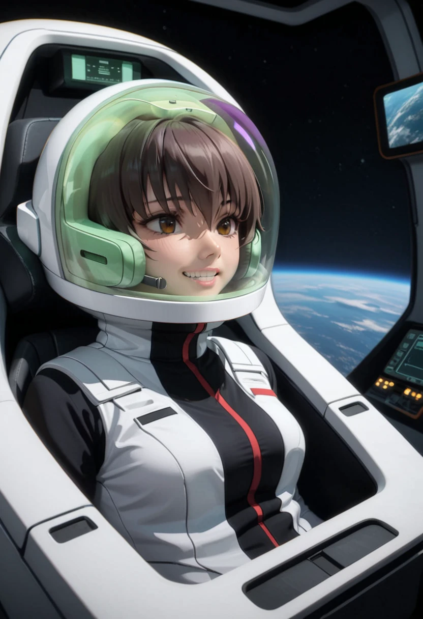 eva helm, spacesuit , astronaut),helmet, space helmet,spacesuit:1.15), white cargo pants, (ugh, wtf do these buttons do:1.3), inside the cockpit of a (futuristic spaceship:1.1), sitting in the captains chair, (intricate control panels:1.3), from side, girl, women, from above, grin