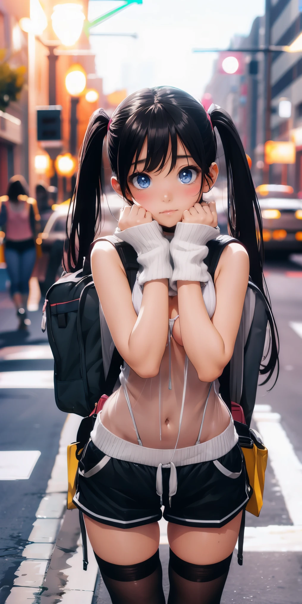 Browsing Caution,'(masterpiece, Highest quality, Very detailed, 8k wallpaper, Realistic), 1 girl, Curvaceous yet slender body,Realistic eyes、Anime Face、((Too embarrassed to blush ecstasy:1.5))、Lower boobs, Shiny, semi-transparent, see-through, ultra-micro bikini top that shows off your nipples, Fleece jacket, Ultra-small low-leg shorts, Knee socks, Bangles, choker, Twin tails, Backpack, street, Street lamp, Late Night、(cum in Pussy:1.2)