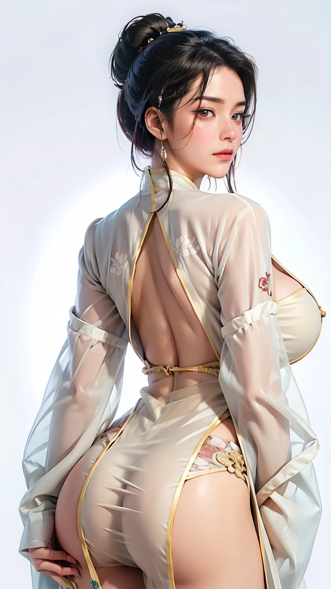 a male, big butt, big breast , male hair style, full lips , short black male style hair, wear a sexy Chinese clothes, see through clothes, show off his big butt, front view, simple background, A stunning visual masterpiece, double exposure, realistic, cinematic scene
