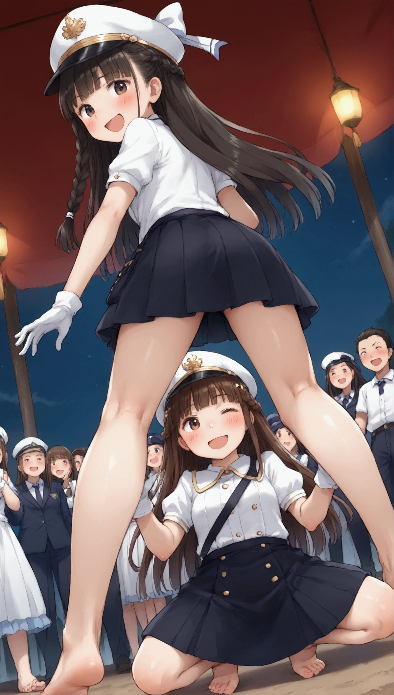 {Highest quality}, {Super beautiful},{Ultra fine},{Best illustration},Brown Hair,Hime cut,long hair,Braid,One woman,Woman kneeling,Strike a pose,Adult women,smile,Excited face,Wink,Uniform cap,White Shirt,Short sleeve,long black skirt,White gloves,Night Festival,Blushing,Slender,barefoot,barefoot,From an angle,From below,Spread your legs,Sole,Back view,From behind