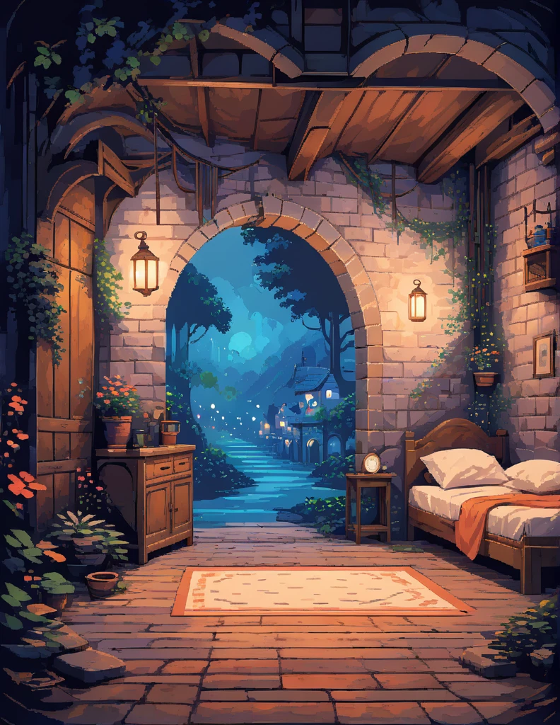 there is a bed in a room with a lot of plants, magical environment, magical realism style, relaxing concept art, anime background art, cozy night fireflies, cosy enchanted scene, relaxing environment, magical atmosphere, cozy place, dreamy and detailed, anime background, magical atmosphere + masterpiece, cozy and peaceful atmosphere, dreamy atmosphere and drama, personal room background