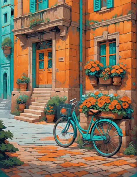 painting of a bicycle parked in front of a green building, orange and teal, orange and turquoise, orange and teal color, teal an...