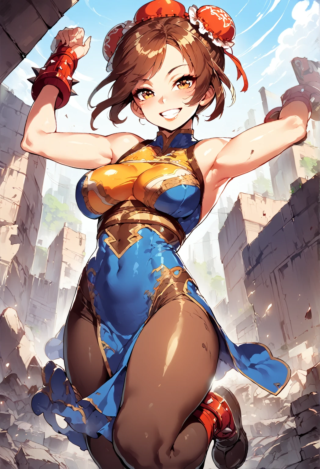 1girl, (solo:1.2), (jumping:1.3), (mid air:1.3), (cowboy shot:1.5), smile, happy, (masterpiece:1.3), (best quality:1.3), (perfect anatomy:1.4), highly detailed, chun li, brown eyes, short hair, brown hair, double bun, bun cover, blue dress, pelvic curtain, spiked bracelet, sash, brown pantyhose, (post fight scenery:1.3), rubble, outside, daylight, nyantcha, expressive faces, anime-inspired, (cell shading:1.2), lips
