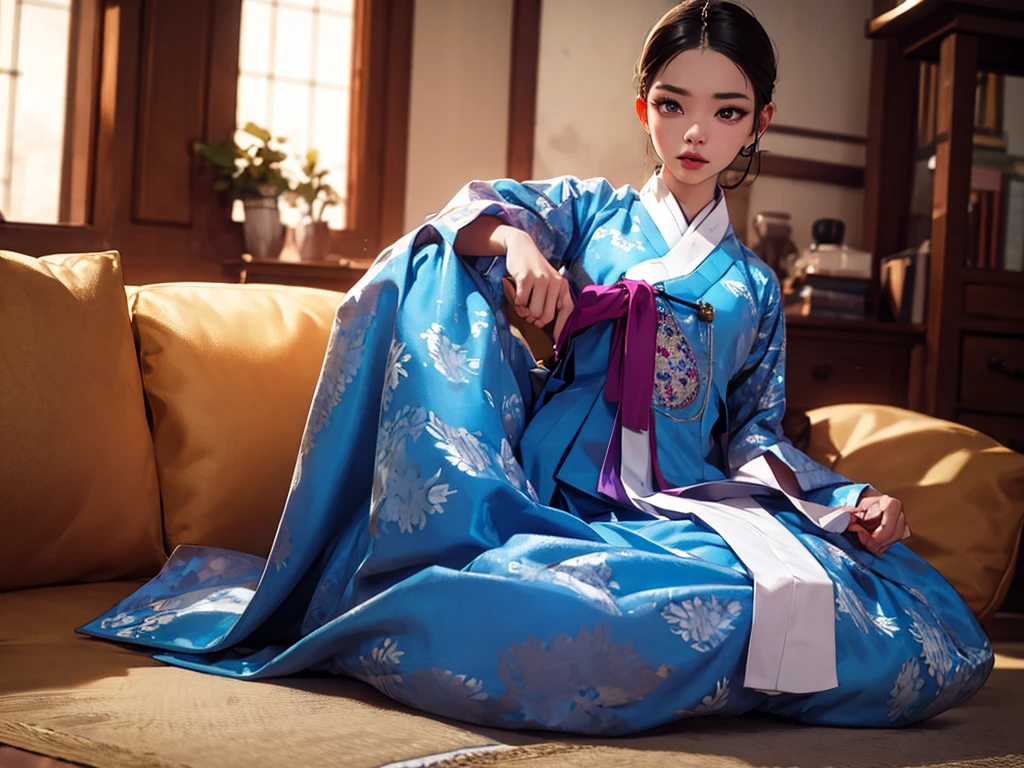 full body, professional, 4K, highly detailed, Hanbok, traditional Korean clothing, korean woman, breastbone exposed, seductive, sensual pose, Unreal Engine 5, Genuine cartoons