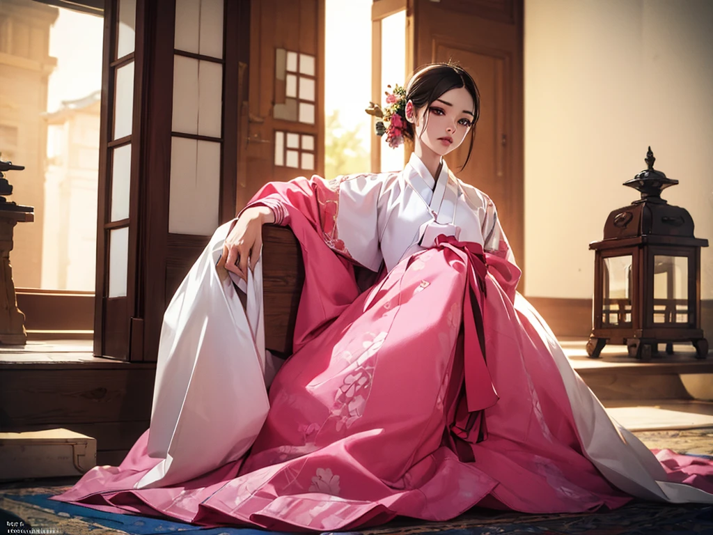 full body, professional, 4K, highly detailed, Hanbok, traditional Korean clothing, korean woman, breastbone exposed, seductive, sensual pose, Unreal Engine 5, Genuine cartoons