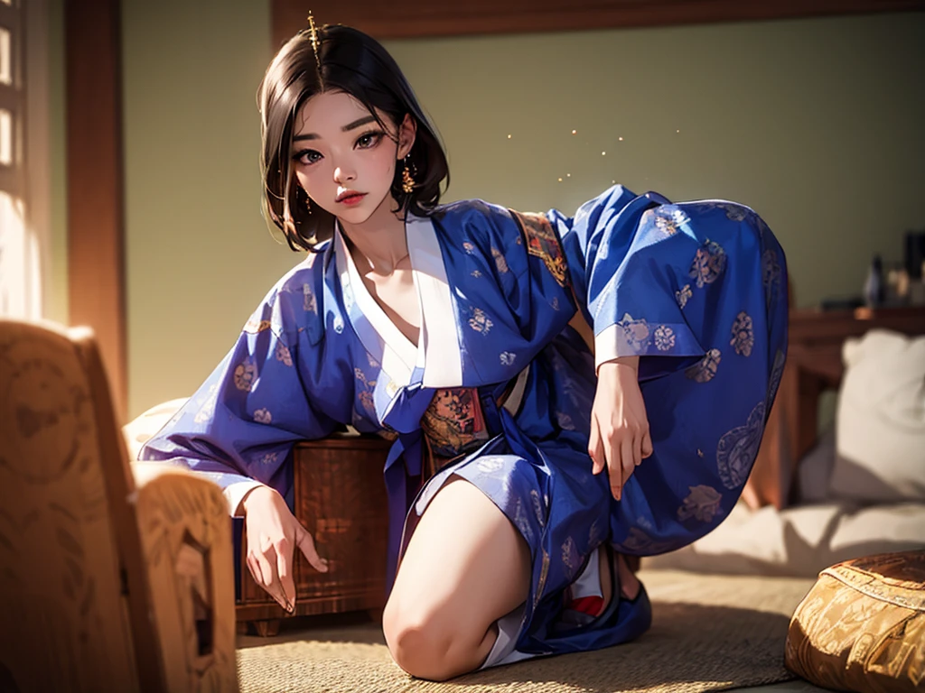 full body, professional, 4K, highly detailed, Hanbok, traditional Korean clothing, korean woman, breastbone exposed, seductive, sensual pose, Unreal Engine 5, Genuine cartoons